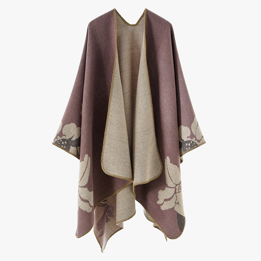 Women's Reversible Wool Blend Cape with Floral Jacquard and Open Draping