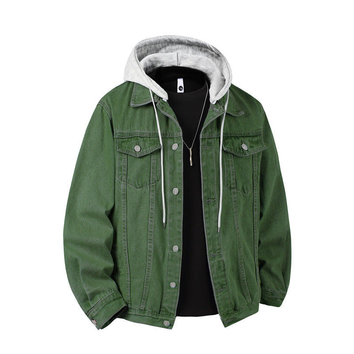 Men's Denim Jacket with Attached Hood Layered Look Robust Cotton Blend