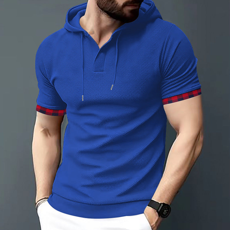 Men's Fitted Short Sleeve Hooded Polo Shirt with Henley Placket and Drawstring