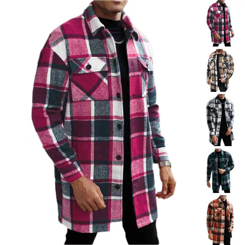 Men's Checked Longline Overshirt with Patch Chest Pockets and Button Placket