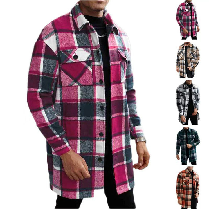 Men's Checked Longline Overshirt with Patch Chest Pockets and Button Placket