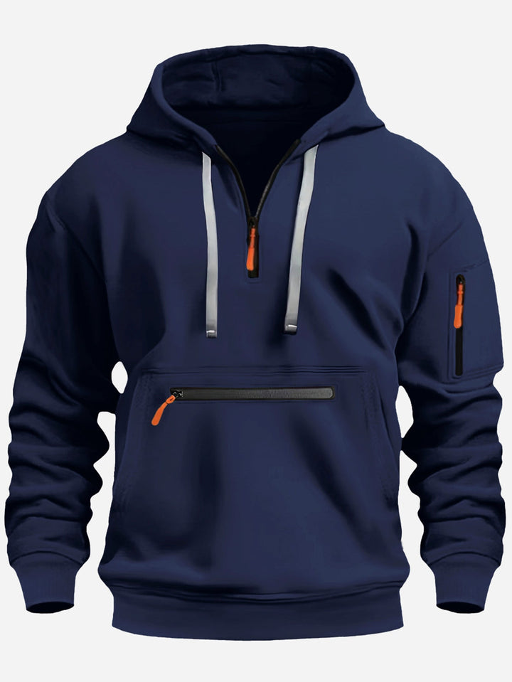 Men's Hoodie with Half Zip, Kangaroo Pocket and Hidden Zippers