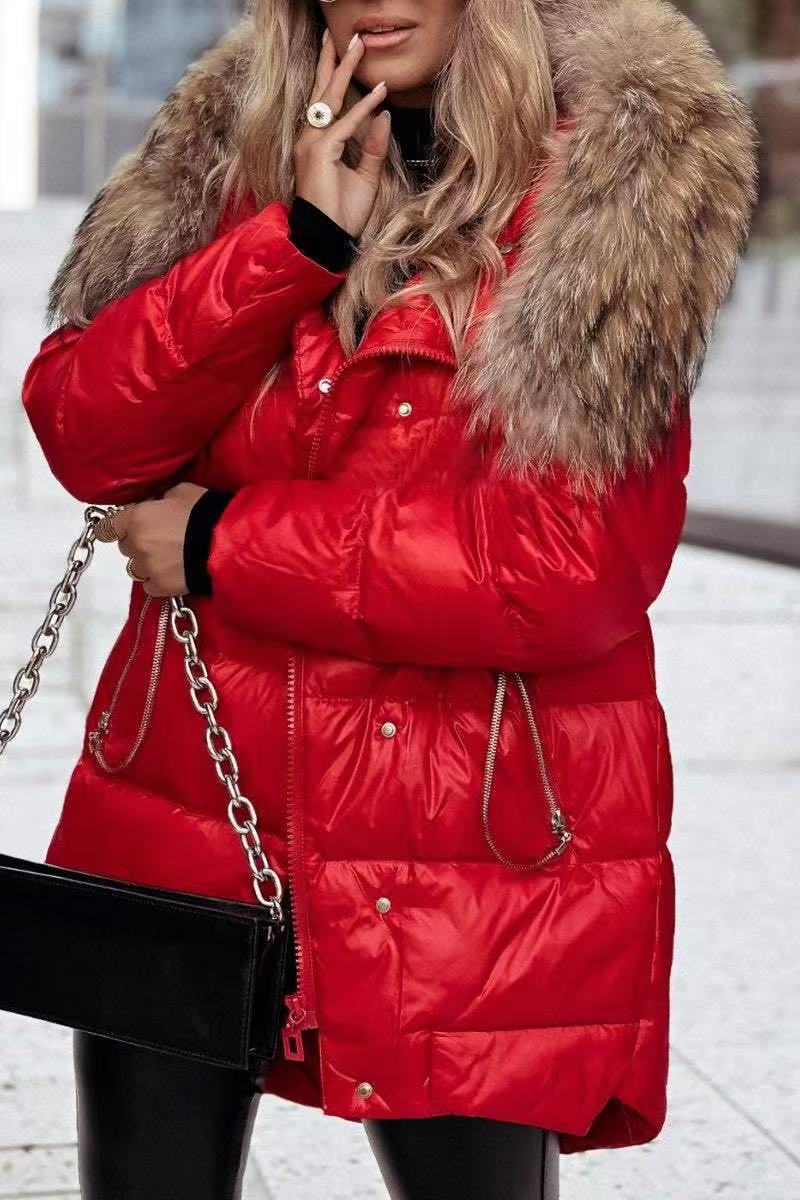 Women's Winter Down Jacket with Removable Hood and Luxurious Fur Collar