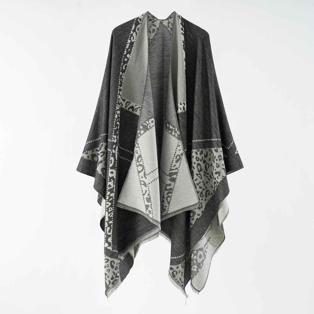 Women's Oversize Cape Throw with Jacquard Woven Patch Motifs and Fringed Hem