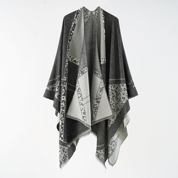 Women's Oversize Cape Throw with Jacquard Woven Patch Motifs and Fringed Hem