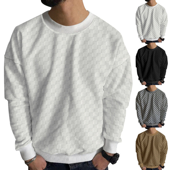 Men's Finely Structured Round Neck Sweater with Check Relief and Ribbed Cuffs