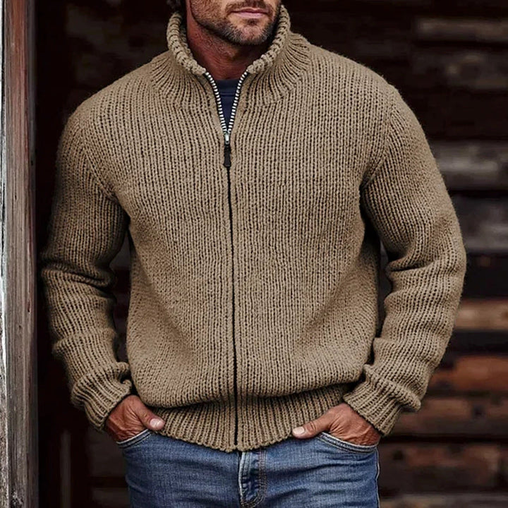 Men's Chunky Knit Cardigan with Stand-up Collar and Continuous Zipper