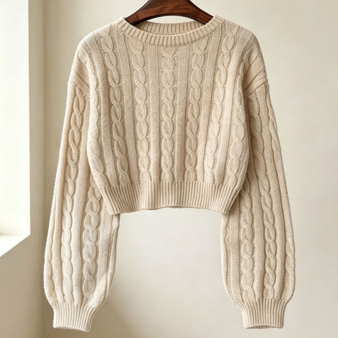 Women Cropped Cable Knit Sweater with Boxy Silhouette and Balloon Sleeves