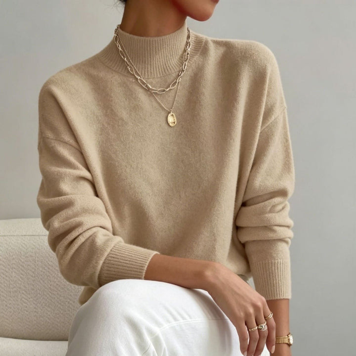 Women's Cozy Fine-knit Pullover with Stand-up Collar and Drop Shoulder