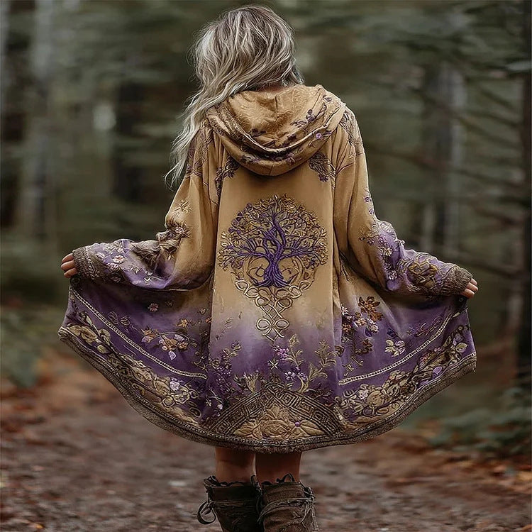 Women's Boho Hooded Coat in Swing Cut with Tree Motif and Gradient