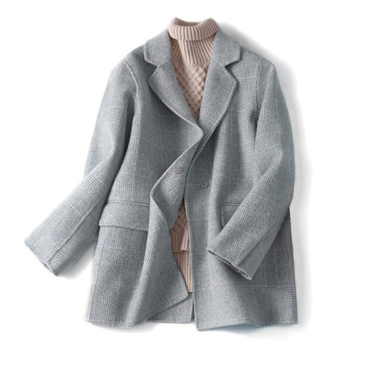 Women's Wool Winter Jacket with Check Pattern and Lapel Collar