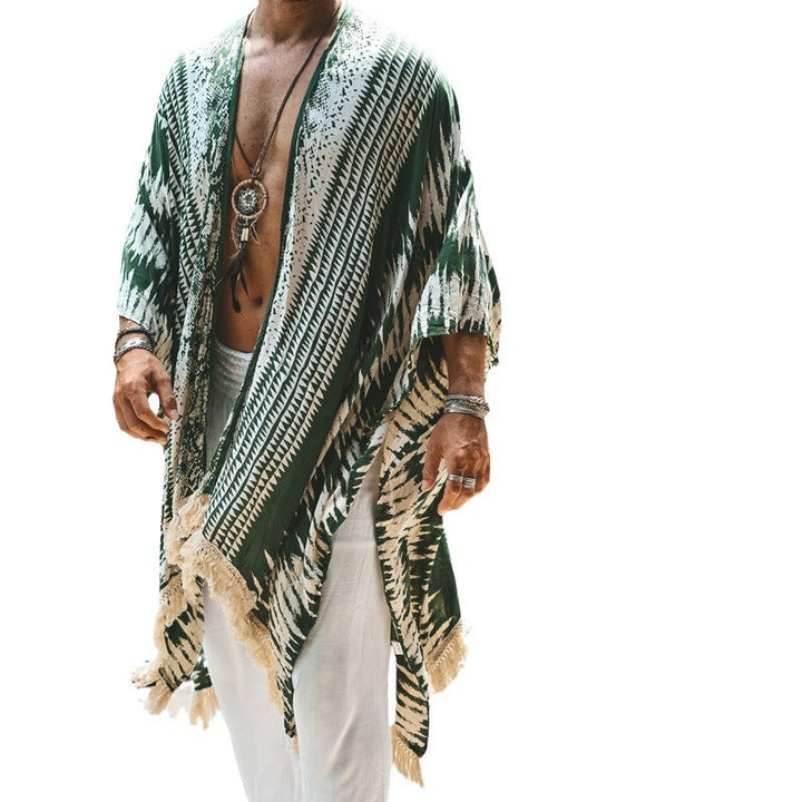 Men's Lightweight Beach Poncho in Kimono Style with Fringe