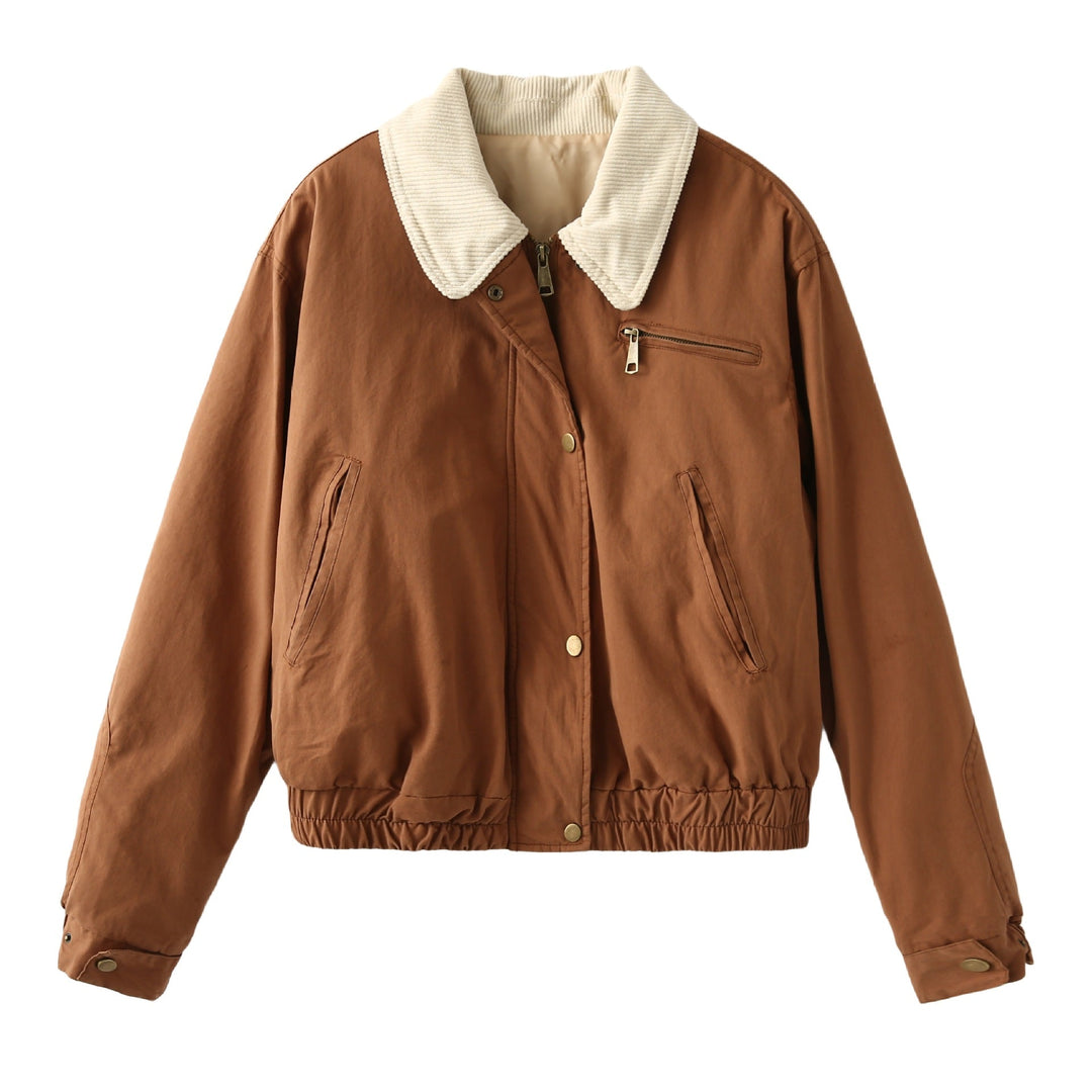 Women's Cropped Bomber Jacket with Corduroy Collar, Chest Zipper, and Elastic Drawstring Hem