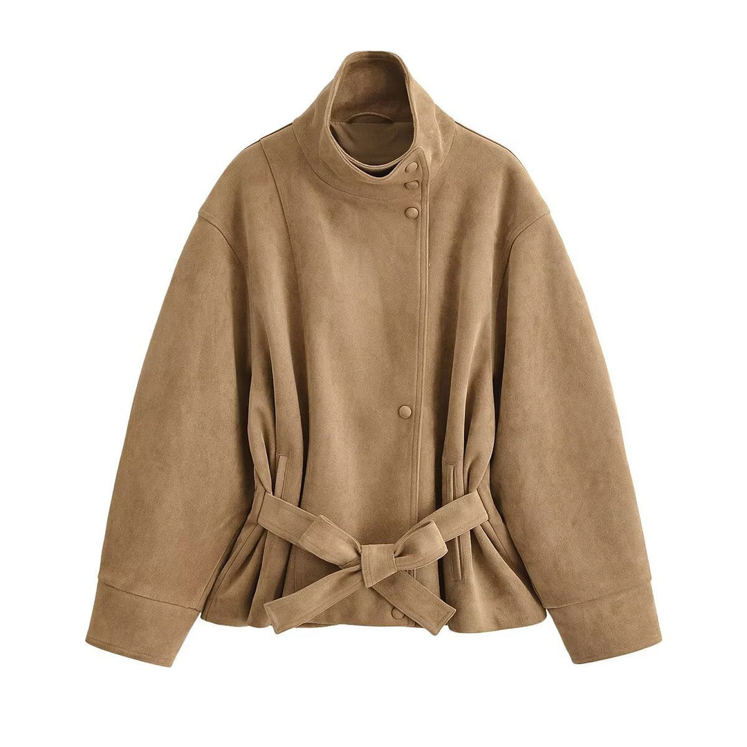 Women's Short Jacket in Suede Look with Stand-up Collar and Tie Belt