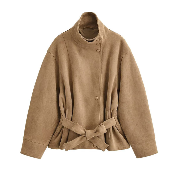 Women's Short Jacket in Suede Look with Stand-up Collar and Tie Belt