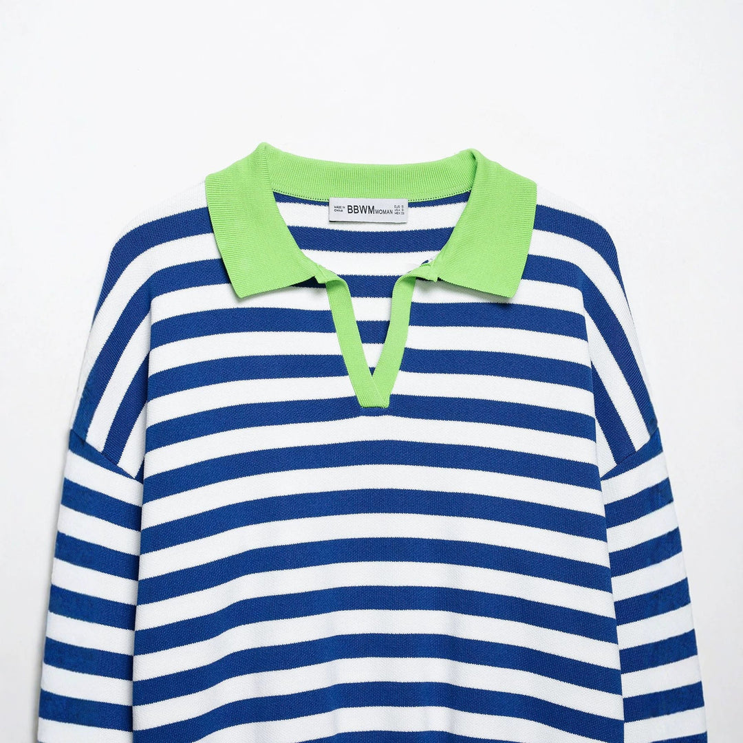 Women's Striped Cropped Polo Sweater in Fine Knit with Balloon Sleeves