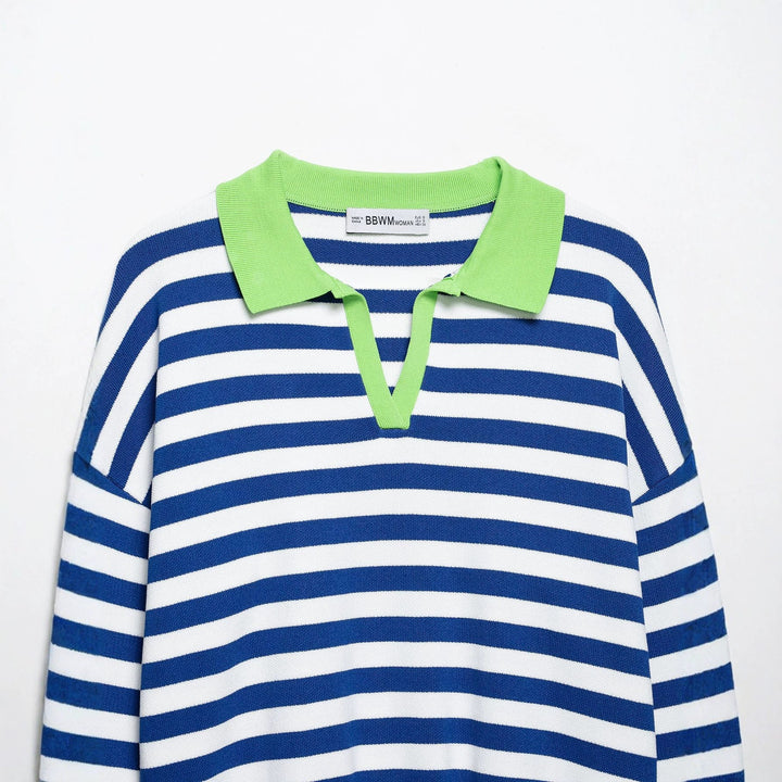 Women's Striped Cropped Polo Sweater in Fine Knit with Balloon Sleeves