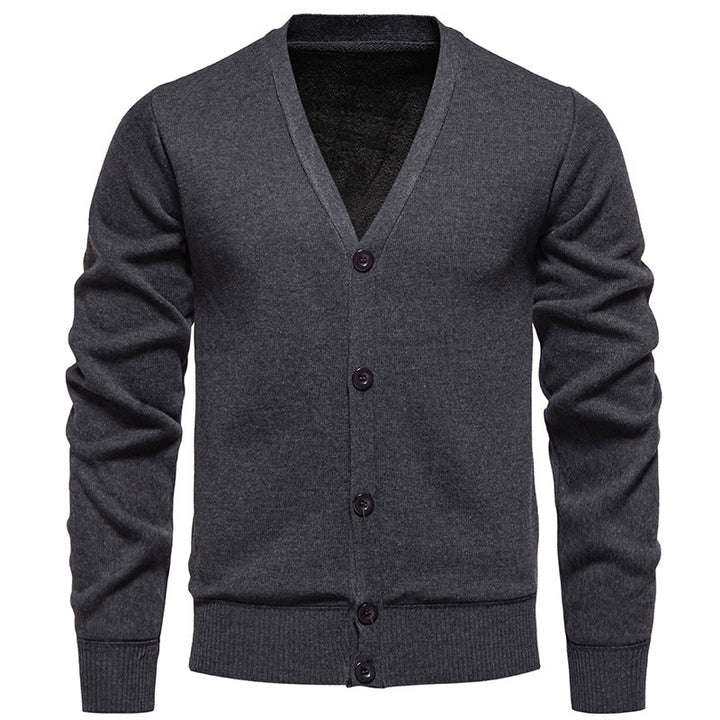 Men's Lightweight Fine Knit Cardigan with V-neck, Concealed Button Placket and Elastic Ribbed Cuffs