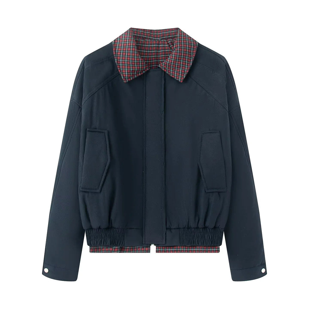 Women's Short Cut Bomber Jacket with Checked Lining, Concealed Front Placket and Patch Pockets