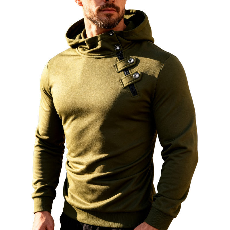 Men's Fitted Hoodie with High Collar, Decorative Tabs and Concealed Diagonal Zipper