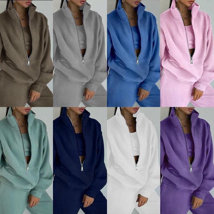Women's Short Half-zip Sweatshirt and Jogging Pants Set with Stand-up Collar, Oversized Cut and Soft French Terry