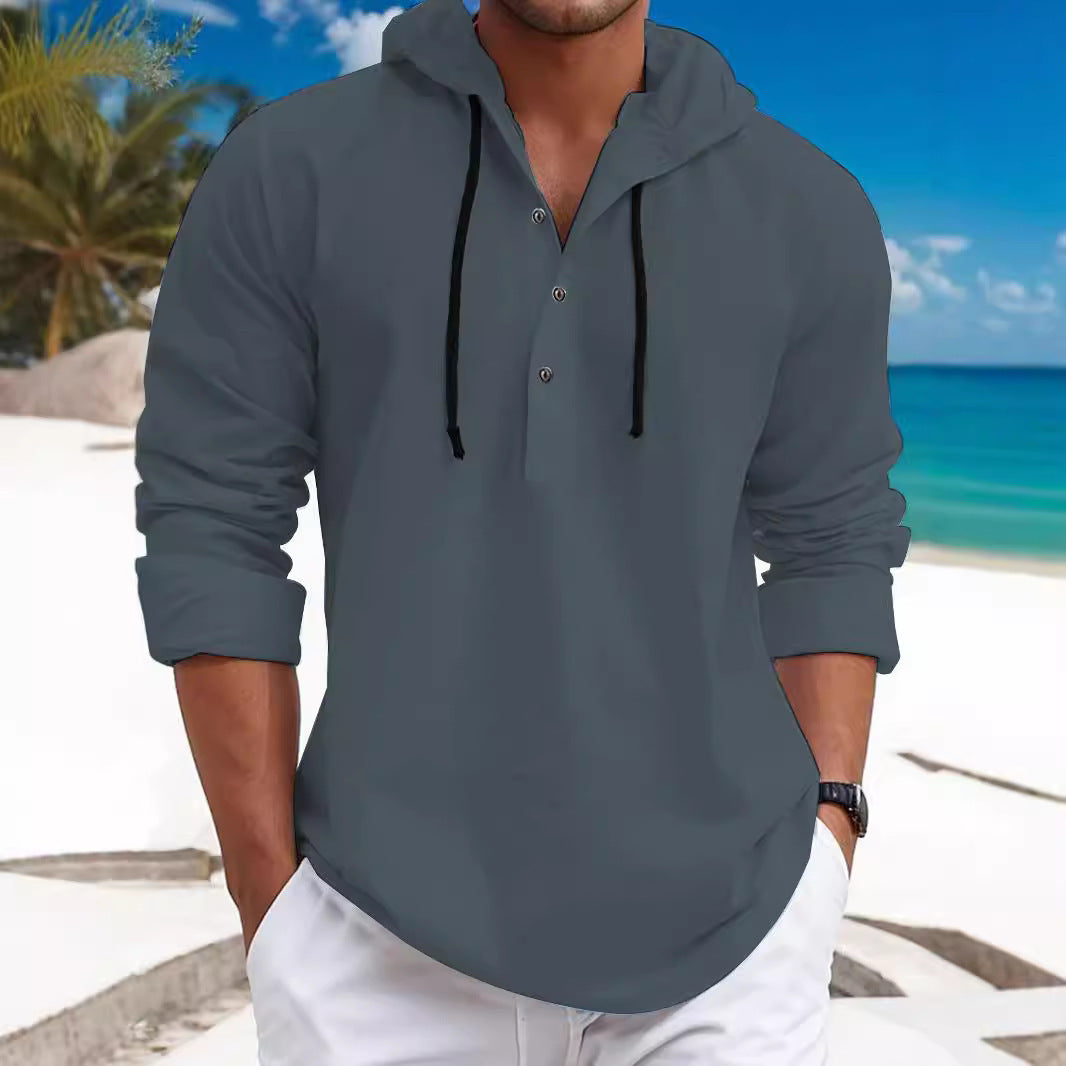 Men's Summer Hoodie Henley with Hidden Button Placket, Drawstring and Rounded Hem