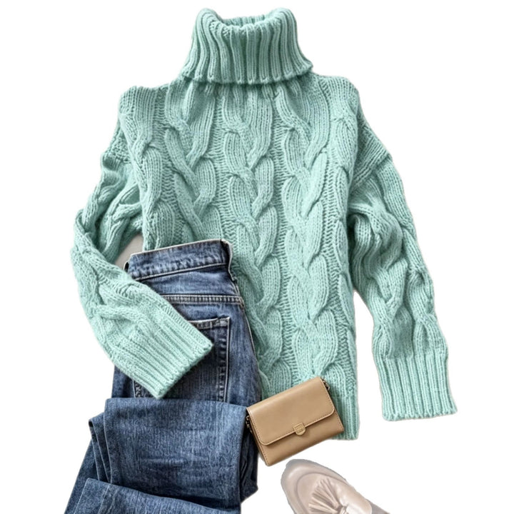 Women's Chunky Knit Turtleneck Sweater with Distinctive Cable Patterns and Ribbed Cuffs