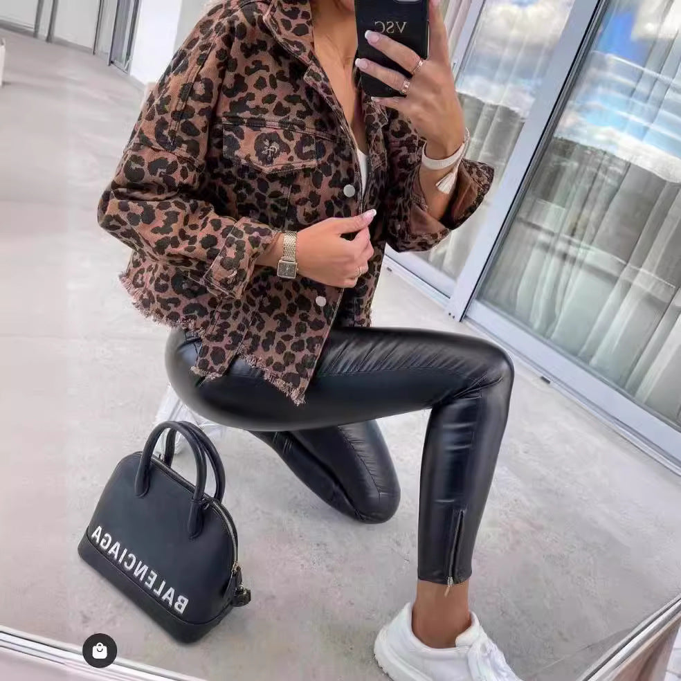 Women's Cropped Oversized Denim Jacket with Leopard Print, Patch Chest Pockets, and Raw Hem
