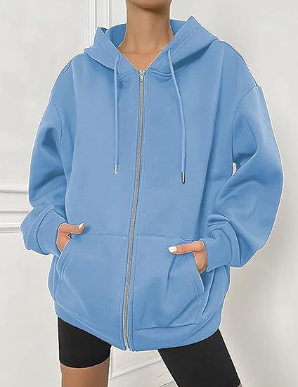Women's Oversized Zip Hoodie with Contrasting Zipper, Double-layered Hood and Kangaroo Pocket