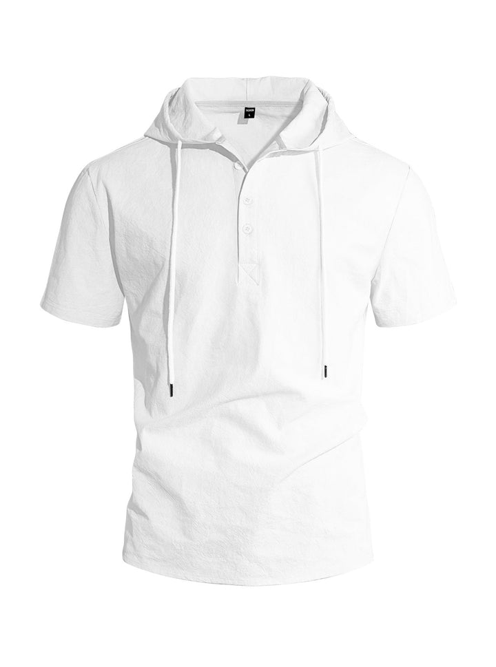 Men's Short-sleeved Hooded Henley made of Slub Cotton with Concealed Button Placket and Drawstring