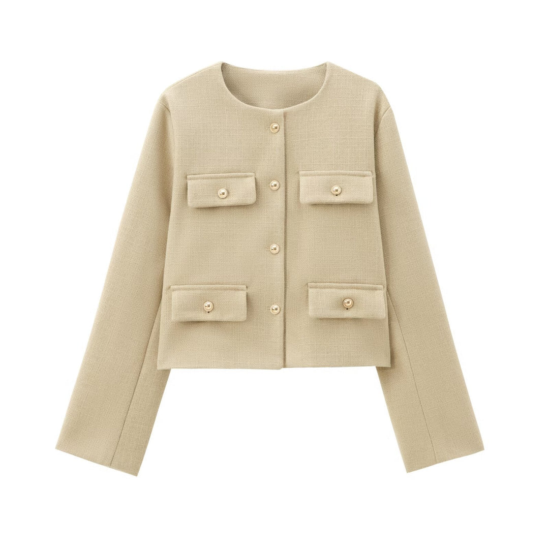 Women's Short-cut Bouclé Tweed Jacket with Round Neckline Decorative Button Details and Attached Flap Pockets