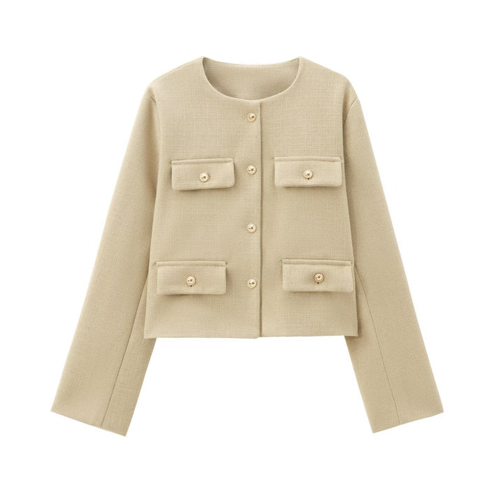 Women's Short-cut Bouclé Tweed Jacket with Round Neckline Decorative Button Details and Attached Flap Pockets