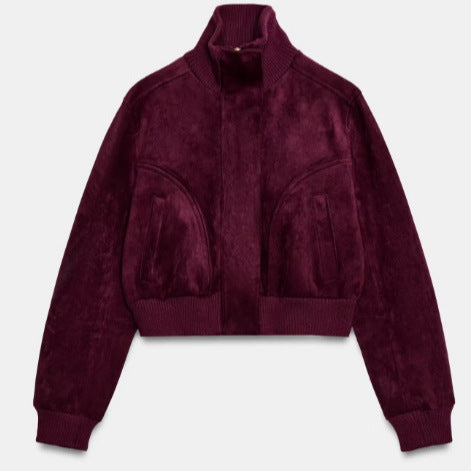 Women's Short Suede Bomber Jacket with High Ribbed Collar, Elastic Hem and Patch Pockets
