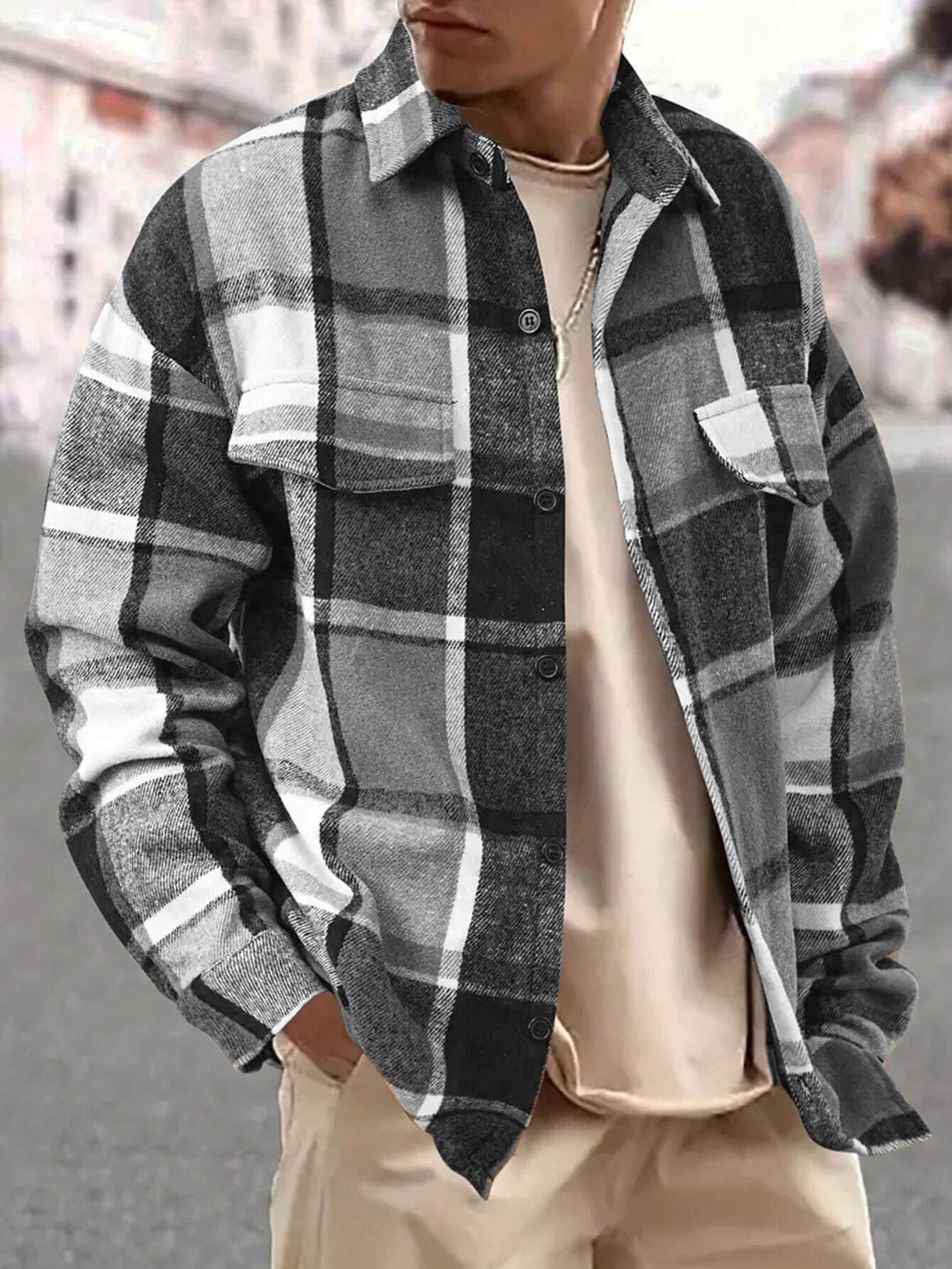 Men's Oversized Check Shirt Jacket made of Soft Flannel with Patch Chest Pockets