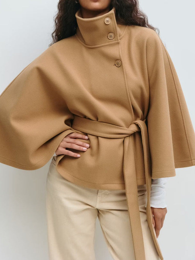 Women's Widely Cut Cape Coat with High Stand-up Collar, Button Placket, and Tie Belt