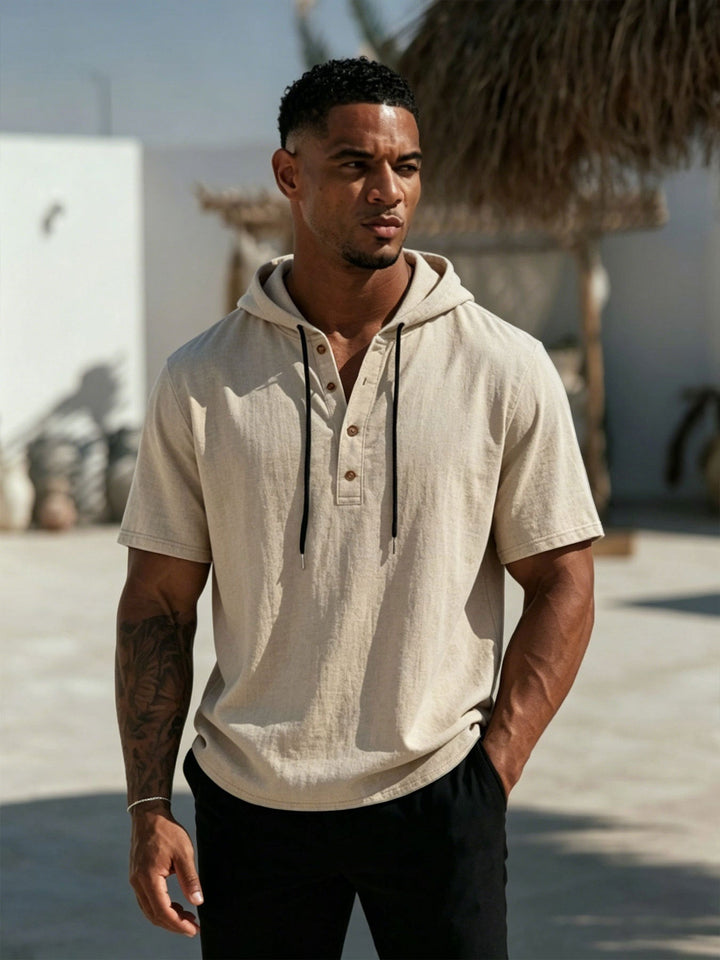 Men's Short Sleeve Hoodie Henley in Linen Look with Button Placket