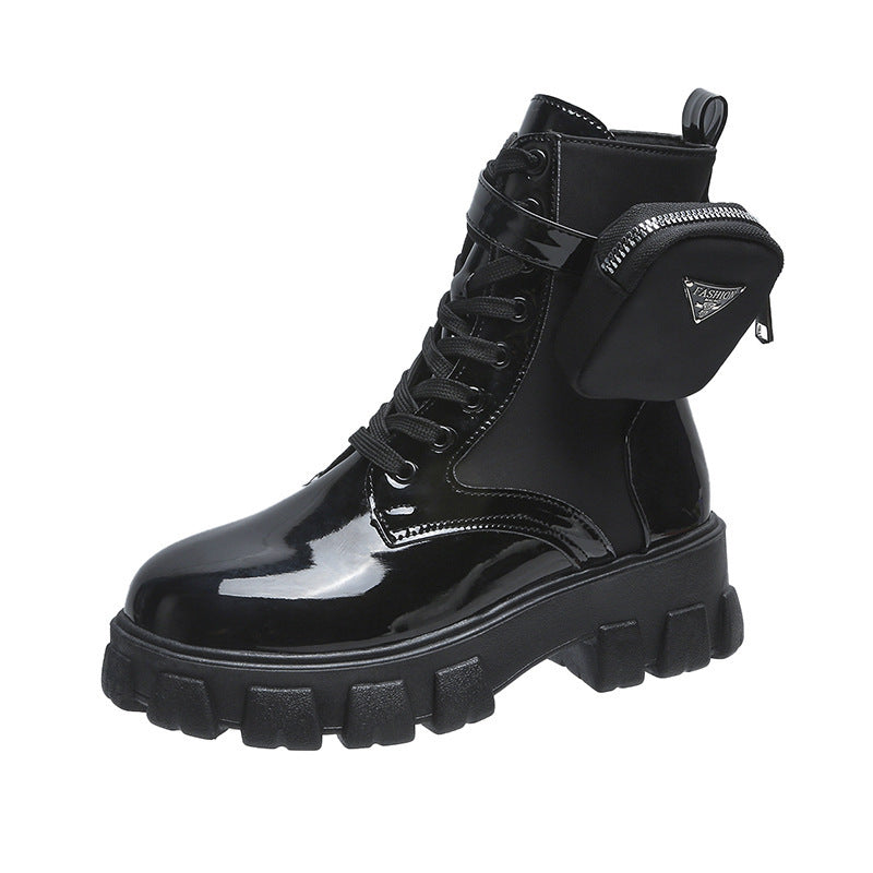 Women's Lace-up Mid-calf Boot in Utility Style with Detachable Mini Pouch and Platform Profile Sole