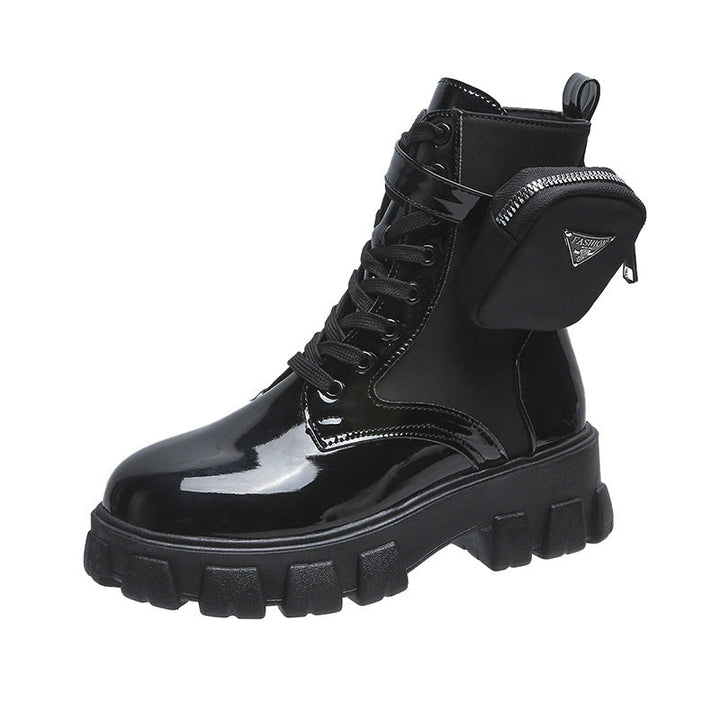 Women's Lace-up Mid-calf Boot in Utility Style with Detachable Mini Pouch and Platform Profile Sole