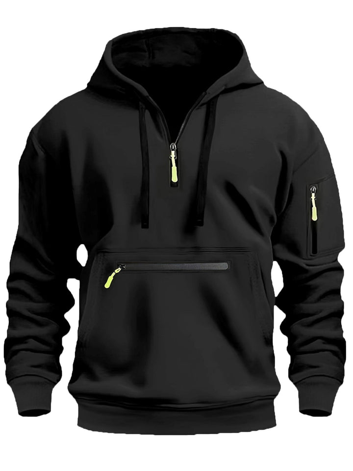 Men's Hoodie with Half Zip, Kangaroo Pocket and Hidden Zippers