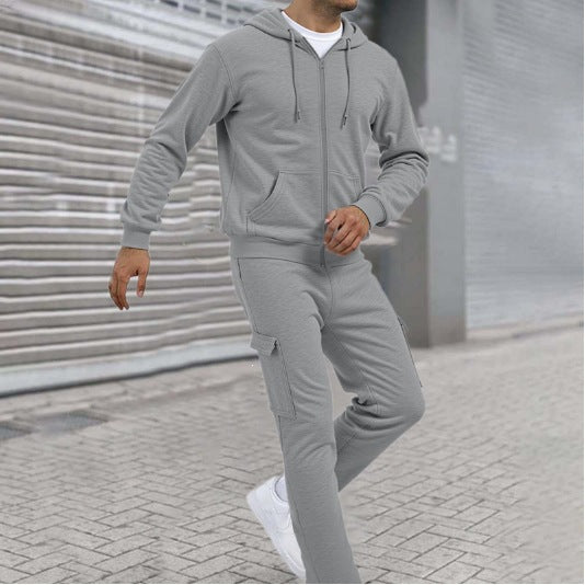 Men's Sporty Zip Sweat Set with Cargo Joggers, Ergonomic Seams, and Ribbed Cuffs