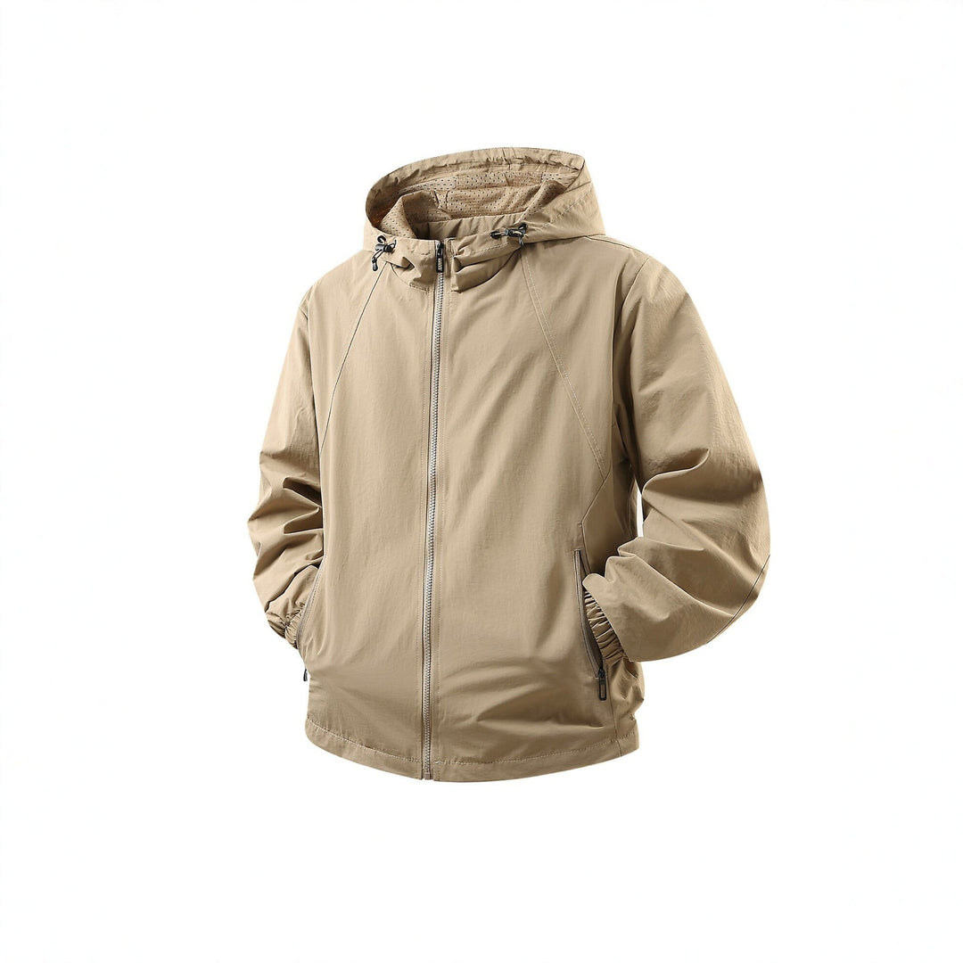 Men's Lightweight Breathable Hooded Windbreaker with Mesh Lining and Zipper Pockets