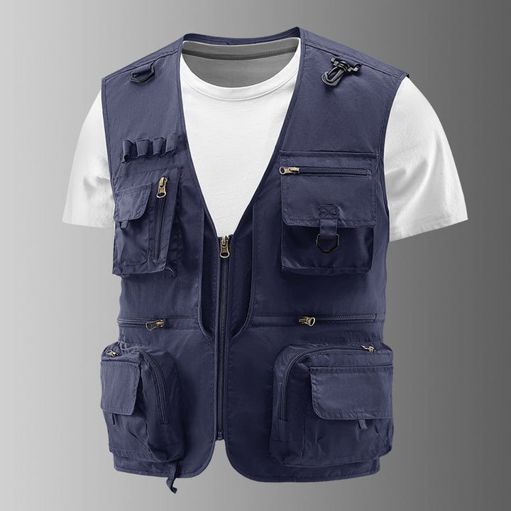 Men's Multifunctional Outdoor Utility Vest with Numerous Zip Pockets, D-ring and Carabiner
