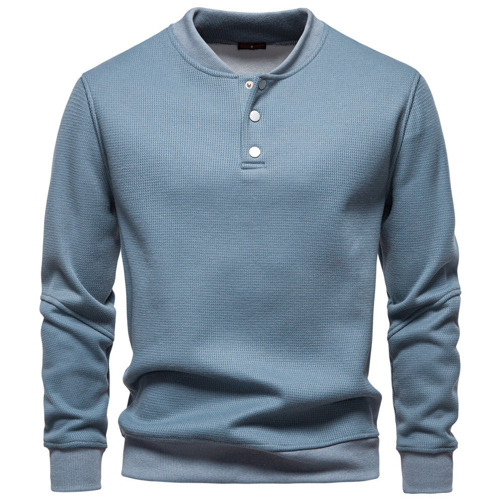 Men's Waffle Texture Henley Pullover with Short Snap Button Closure and Ribbed Cuffs
