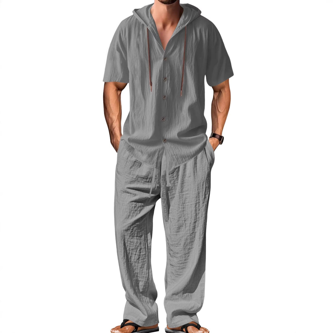 Men's Airy Linen Lounge Set with Short-sleeved Hoodie and Straight Relaxed Pants