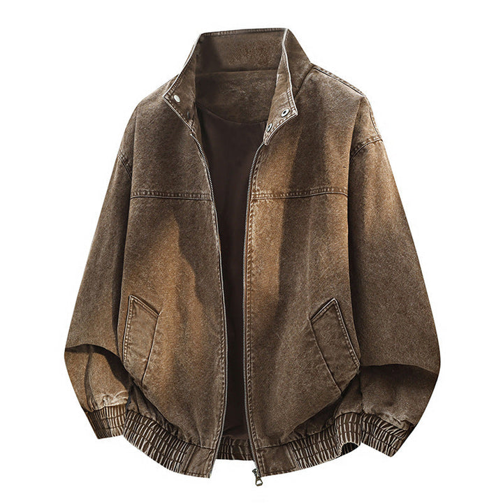 Men's Oversized Bomber Jacket in Used Effect with Stand-Up Collar, Elastic Band and Flap Pockets