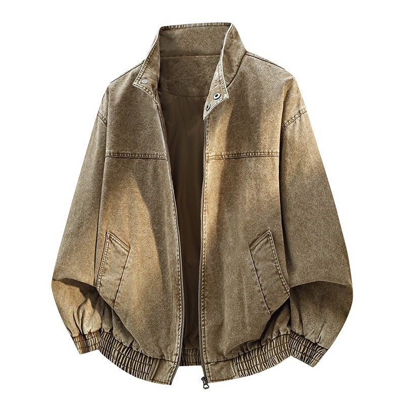 Men's Oversized Bomber Jacket in Used Effect with Stand-Up Collar, Elastic Band and Flap Pockets