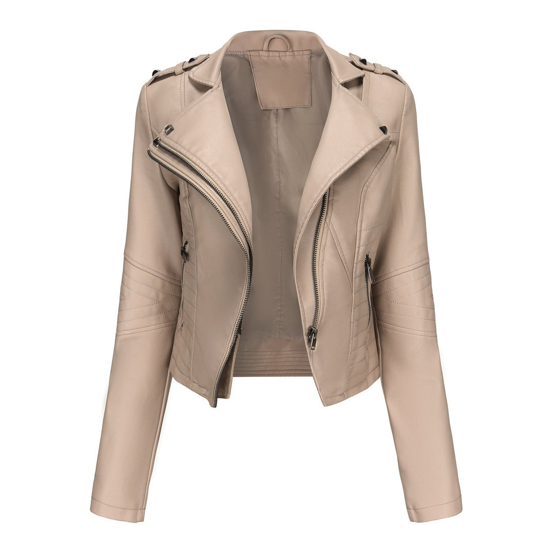 Women Stylish Biker Jacket with Asymmetrical Zipper and Detail Seams