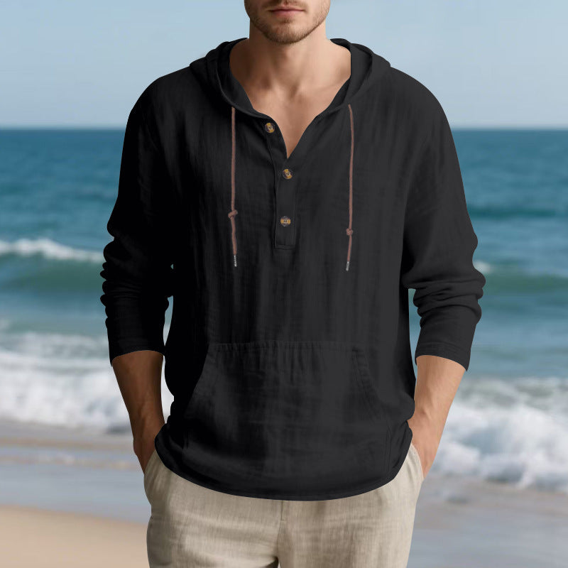 Men's Lightweight Hooded Henley made of Linen-cotton Blend with Kangaroo Pocket and Button Placket