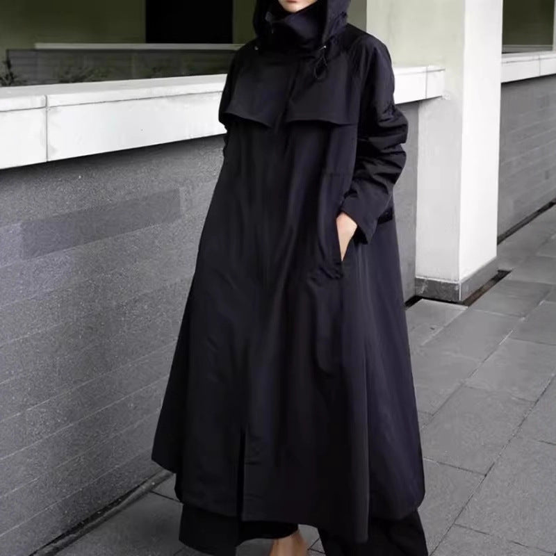 Women Oversize Long Raincoat with Hood, Water-Repellent Fabric and Wide A-Line Cut