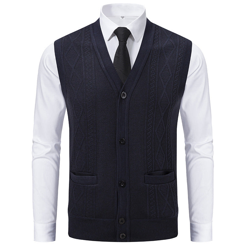 Men's V-neck Knitted Vest with Cable Pattern, Continuous Button Placket and Patch Pockets